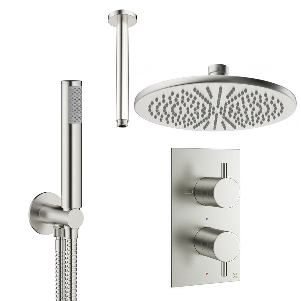 Crosswater Concealed Shower Set Brushed Nickel / Ceiling Arm / 300mm Crosswater Design 2 Handle 2 Outlet Thermostatic Shower Set with Rainfall Head and Pencil Handset