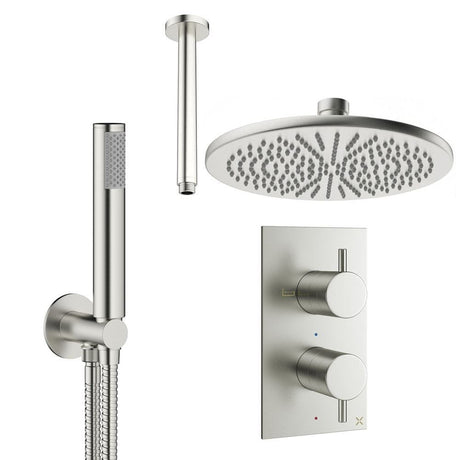 Crosswater Concealed Shower Set Brushed Nickel / Ceiling Arm / 300mm Crosswater Design 2 Handle 2 Outlet Thermostatic Shower Set with Rainfall Head and Pencil Handset