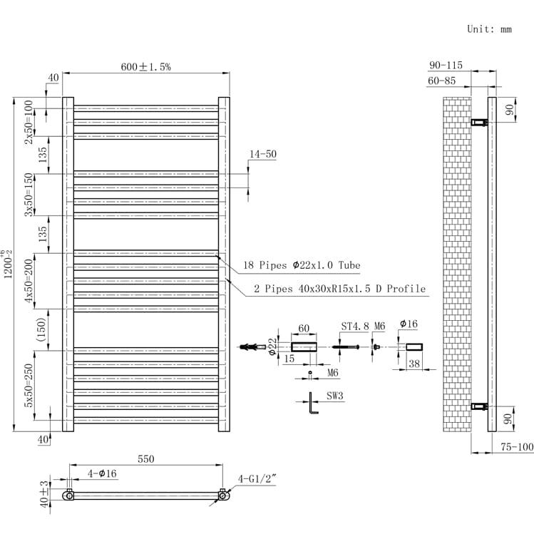 Eastbrook Ladder Rail Eastbrook Wendover Straight Vertical Heated Towel Rail in Polished Stainless Steel
