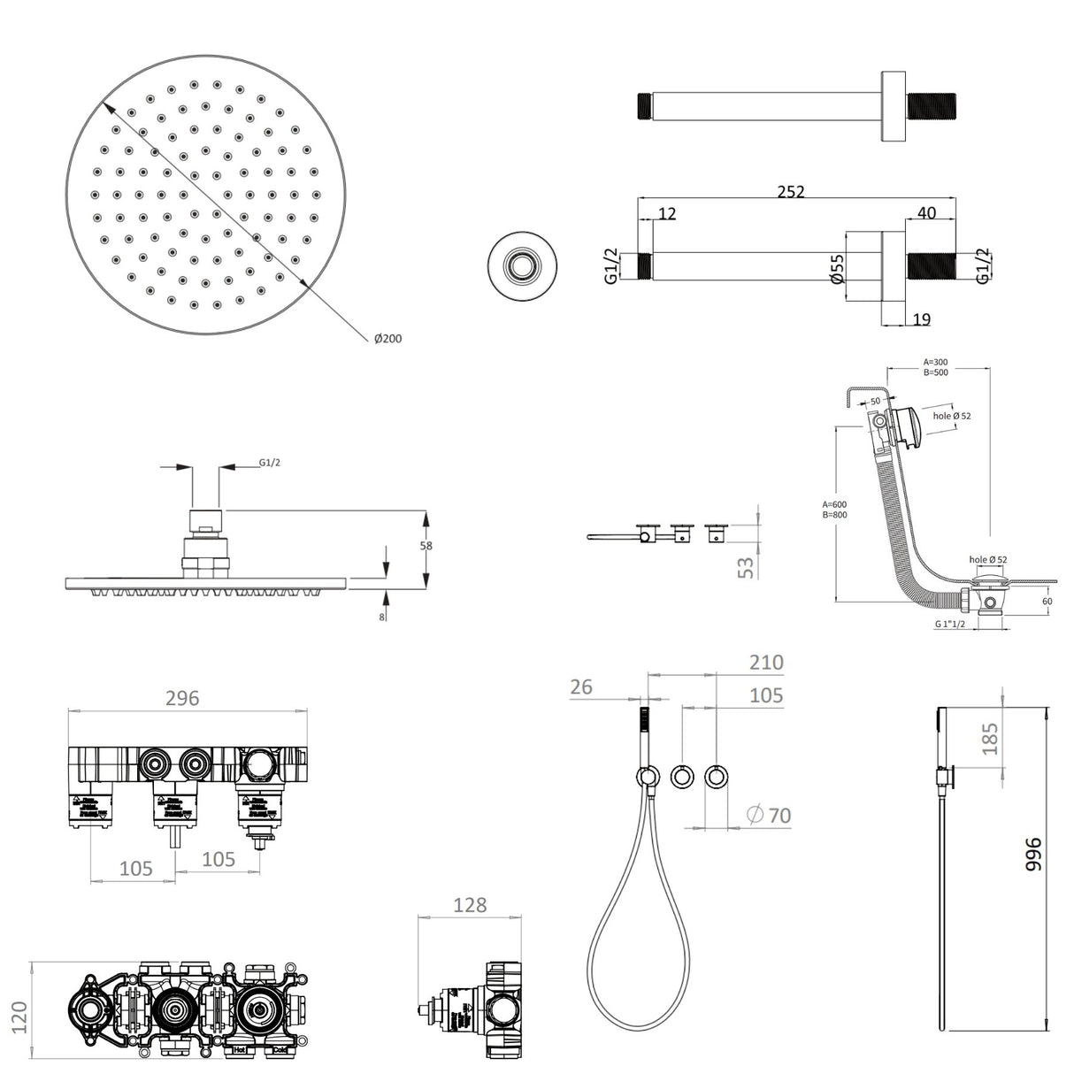 UK Bathroom Store Concealed Shower Set Crosswater Module Shower Set 9 - 3 Outlet with Pencil Handset, Overhead Shower and Overflow Filler