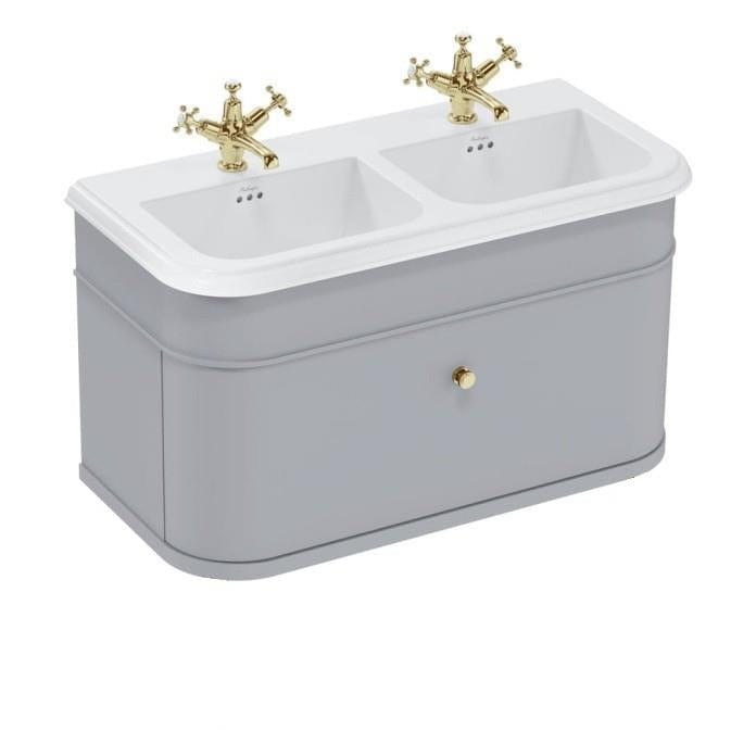 Burlington Double Sink Vanity Unit Classic Grey / Ceramic Basin - 1 Tap Hole / Gold Burlington Chalfont 1000mm Wall Mounted Single Drawer Vanity Unit with Double Basin