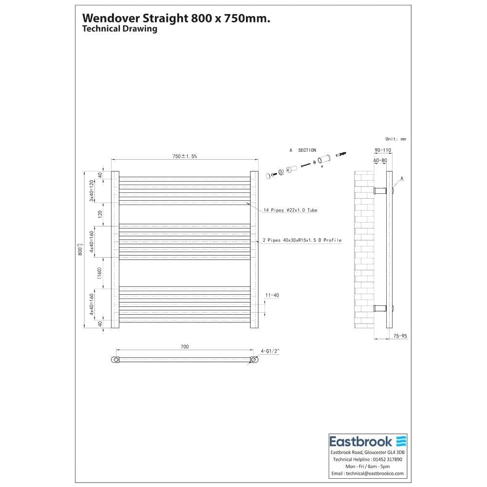 Eastbrook Ladder Rail Eastbrook Wendover Straight Heated Towel Rail in Chrome