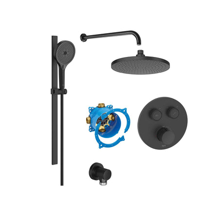 Roca Concealed Shower Set Matt Black Roca T-3000 Round Switch Thermostatic Concealed Shower Valve with Rainshower Head, Shower Handset and Slide Rail Set