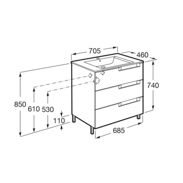 Roca Wall Mounted Vanity Unit Roca Aleyda 700mm Floor Standing Three Drawer Vanity Unit with Basin
