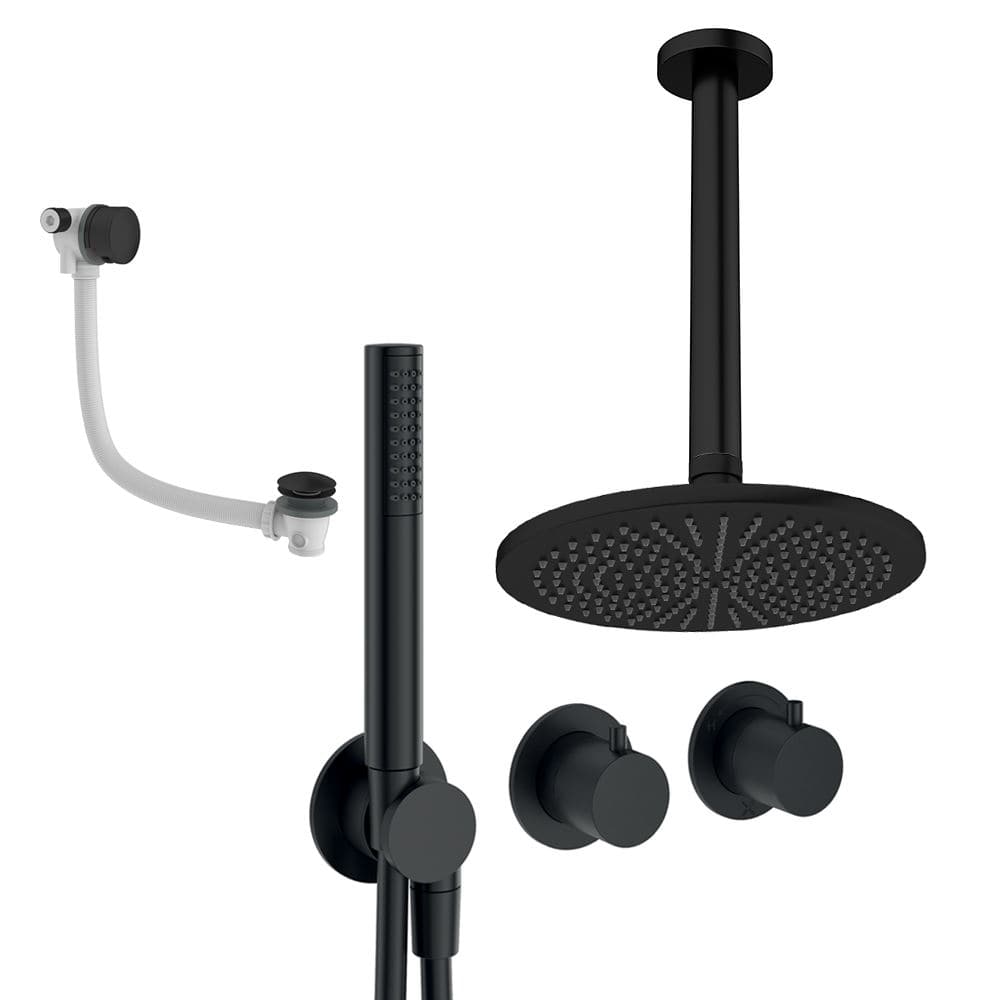 UK Bathroom Store Concealed Shower Set Matt Black / Ceiling Arm / 300mm Crosswater Module Shower Set 9 - 3 Outlet with Pencil Handset, Overhead Shower and Overflow Filler