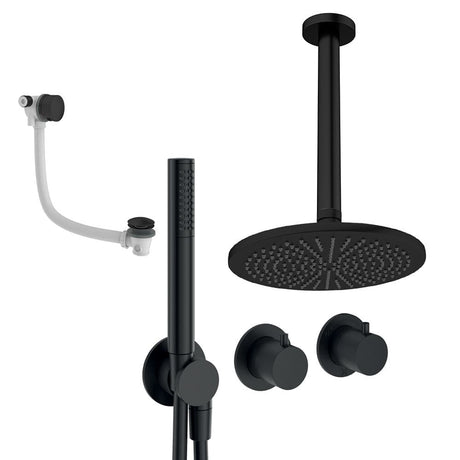 UK Bathroom Store Concealed Shower Set Matt Black / Ceiling Arm / 300mm Crosswater Module Shower Set 9 - 3 Outlet with Pencil Handset, Overhead Shower and Overflow Filler