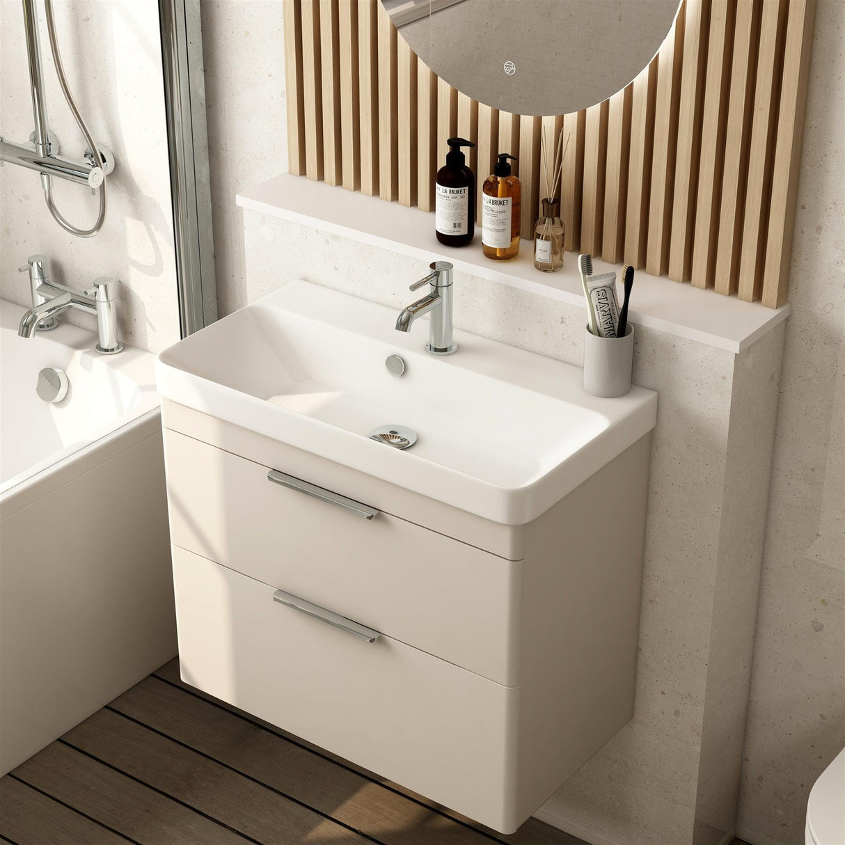 Imex Wall Mounted Vanity Unit Matt Cashmere Imex Luna 700mm Wall Mounted Double Drawer Vanity Unit with Basin