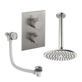 UK Bathroom Store Concealed Shower Set Brushed Nickel / Ceiling Arm / 200mm Crosswater Crossbox Shower Set 7 - 2 Outlet with Fixed Overhead Shower and Overflow Bath Filler Waste