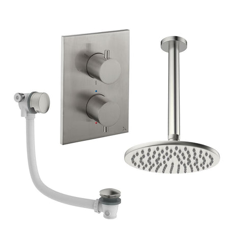 UK Bathroom Store Concealed Shower Set Brushed Nickel / Ceiling Arm / 200mm Crosswater Crossbox Shower Set 7 - 2 Outlet with Fixed Overhead Shower and Overflow Bath Filler Waste