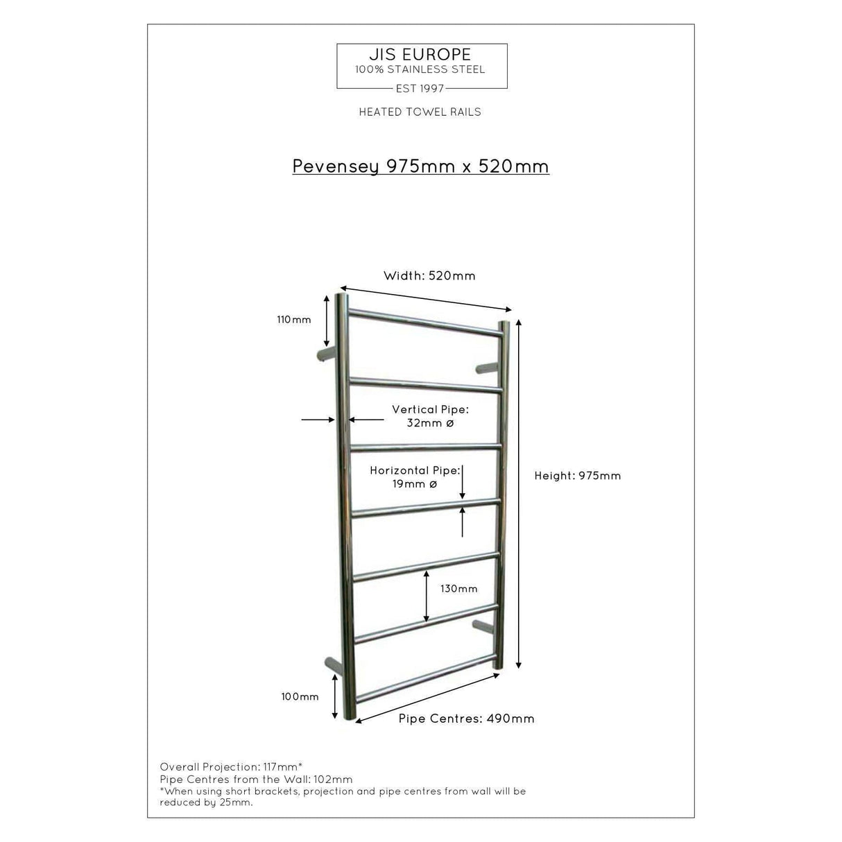 JIS Ladder Rail JIS Sussex Pevensey Vertical Stainless Steel Heated Towel Rail