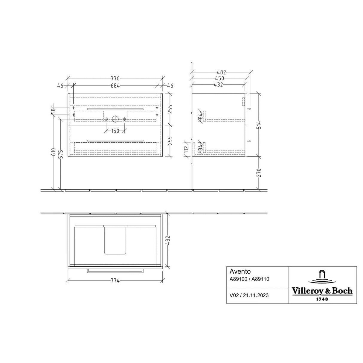 Villeroy & Boch Avento Wall Hung Vanity Unit 780mm Two Drawers with Basin