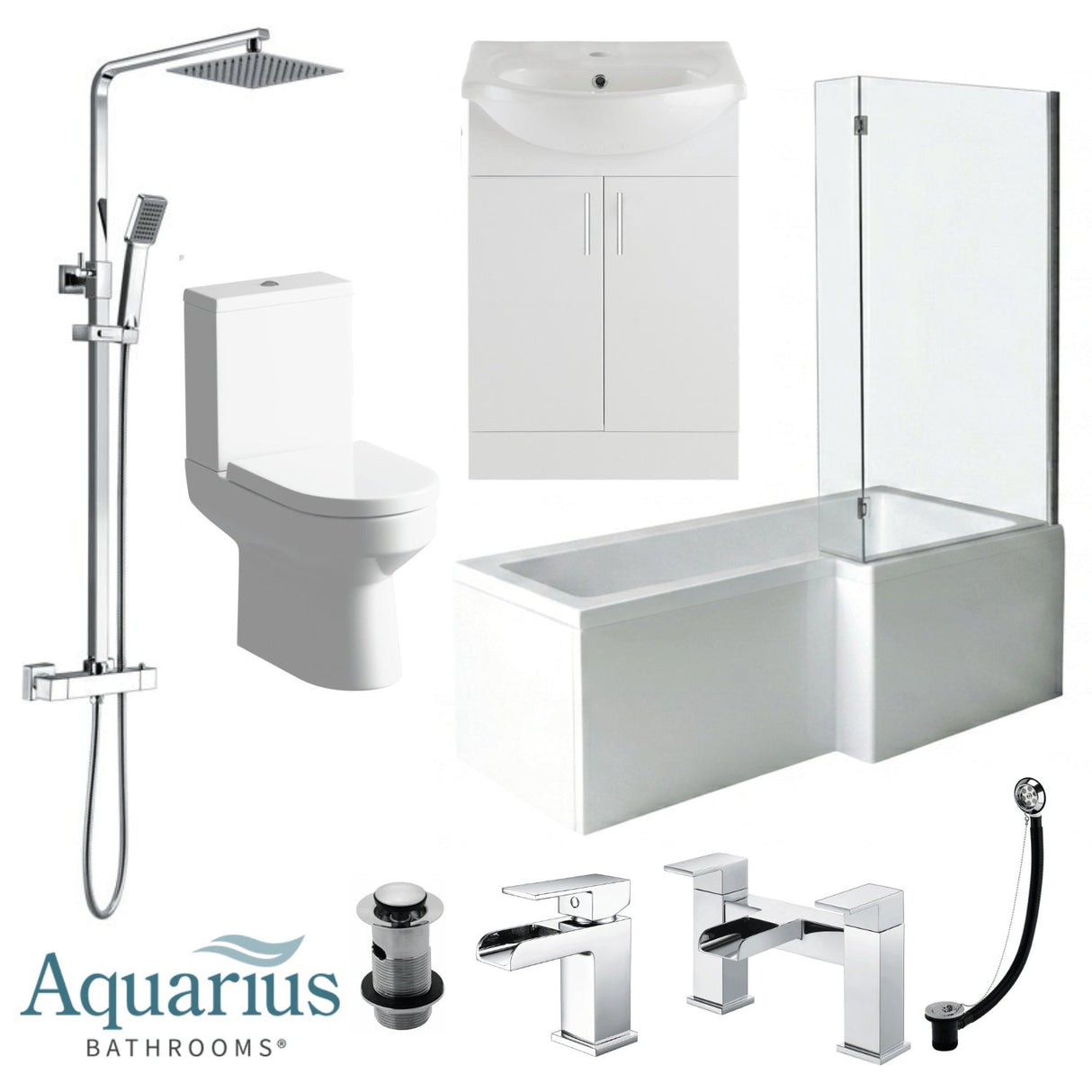 Aquarius Bathrooms Complete Bathroom Suite Right Hand Aquarius Altano Complete Bathroom Suite with 1700mm L-Shaped Bath, Toilet, Basin, Shower & Taps