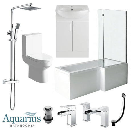 Aquarius Bathrooms Complete Bathroom Suite Right Hand Aquarius Altano Complete Bathroom Suite with 1700mm L-Shaped Bath, Toilet, Basin, Shower & Taps
