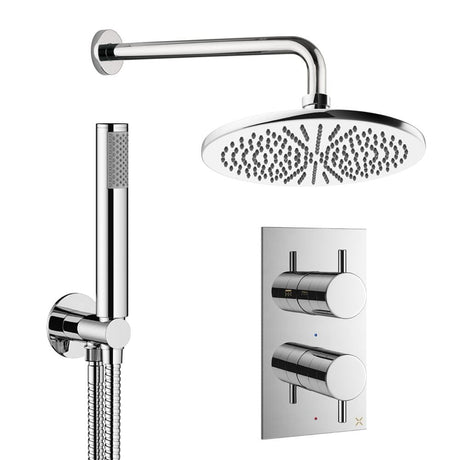 Crosswater Concealed Shower Set Chrome / Wall Arm / 300mm Crosswater Design 2 Handle 2 Outlet Thermostatic Shower Set with Rainfall Head and Pencil Handset
