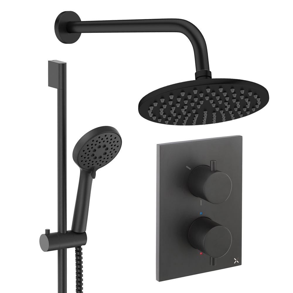 UK Bathroom Store Concealed Shower Set Matt Black / Wall Arm / 200mm Crosswater Crossbox Shower Set 4 - 2 Outlet with Riser Rail Kit and Fixed Overhead Showerhead