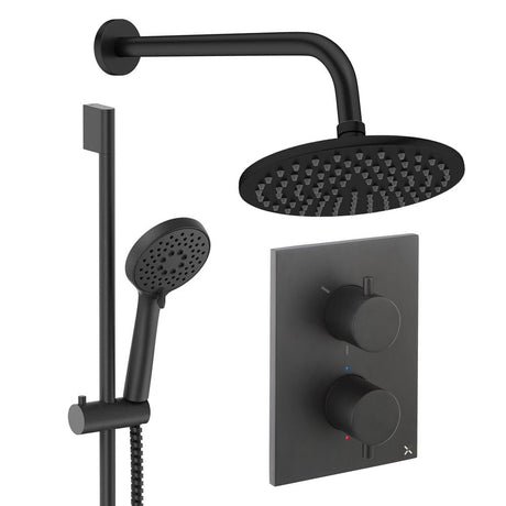 UK Bathroom Store Concealed Shower Set Matt Black / Wall Arm / 200mm Crosswater Crossbox Shower Set 4 - 2 Outlet with Riser Rail Kit and Fixed Overhead Showerhead