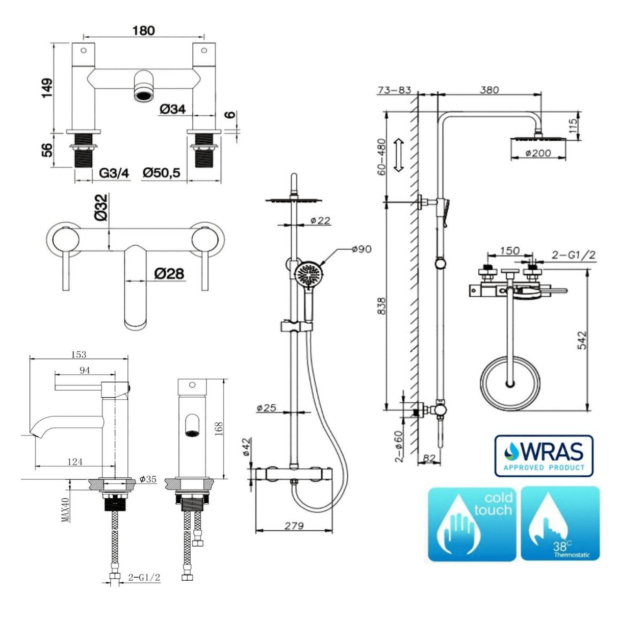 Aquarius Bathrooms Exposed Shower Set Aquarius RF-Series Complete Shower Brassware Pack with Basin Mixer, Bath Mixer & Exposed Shower
