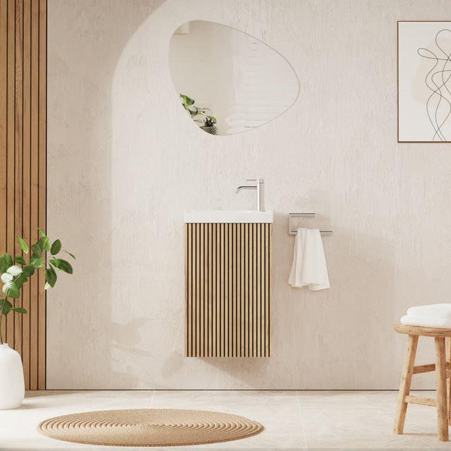 Crosswater Wall Mounted Vanity Unit Crosswater Limit 400mm Cloakroom Wall Mounted Single Door Vanity Unit in Modern Oak with 1 Tap Hole Basin