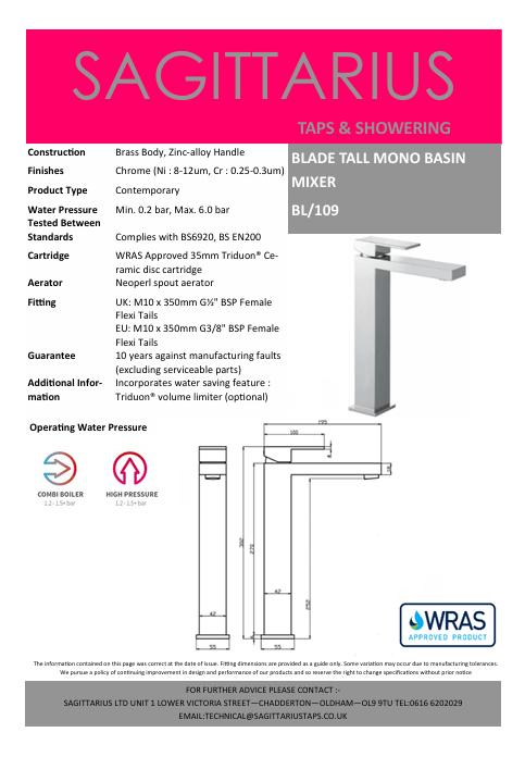 Sagittarius Tall Basin Tap Sagittarius Blade Tall Mono Basin Mixer Tap - Chrome - BL109C