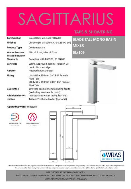 Sagittarius Tall Basin Tap Sagittarius Blade Tall Mono Basin Mixer Tap - Chrome - BL109C