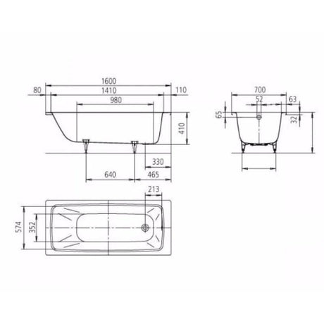 Kaldewei Single Ended Bath 1600mm x 700mm / 0 Kaldewei Cayono Single Ended Steel Bath with Leg Set