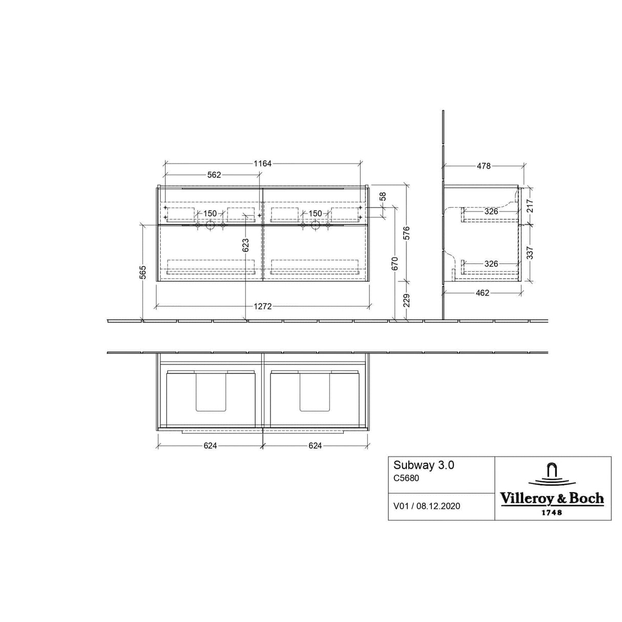 Villeroy & Boch Wall Mounted Vanity Unit Villeroy & Boch Subway 3.0 Wall Hung 1200mm Four Drawer Double Vanity Unit with Basin