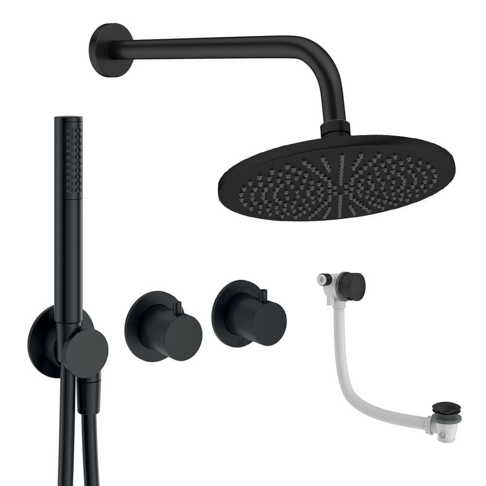 UK Bathroom Store Concealed Shower Set Matt Black / Wall Arm / 300mm Crosswater Module Shower Set 9 - 3 Outlet with Pencil Handset, Overhead Shower and Overflow Filler