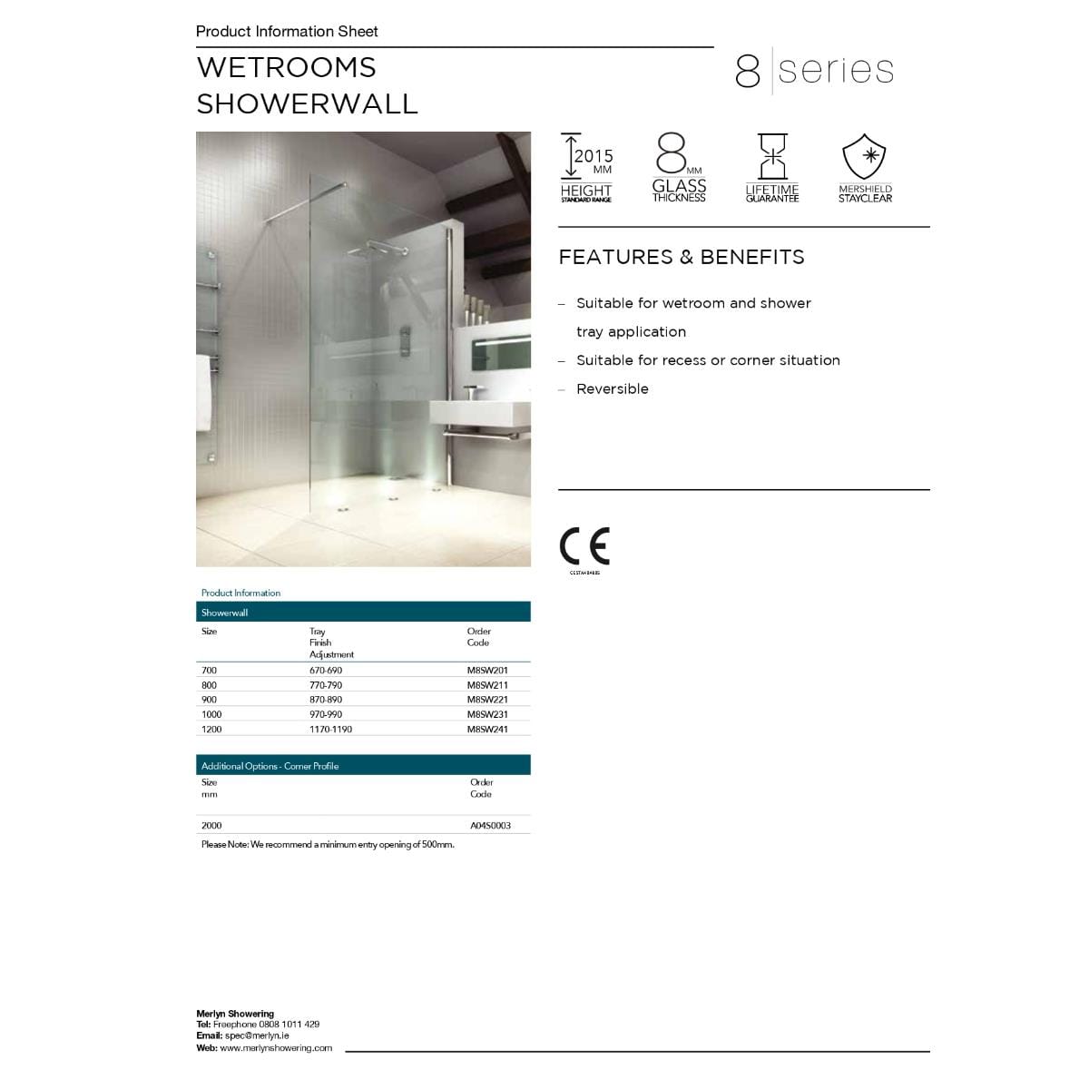 Merlyn Wetroom Panel Merlyn 8 Series Shower Wall Wetroom Panel with Bracing Bar