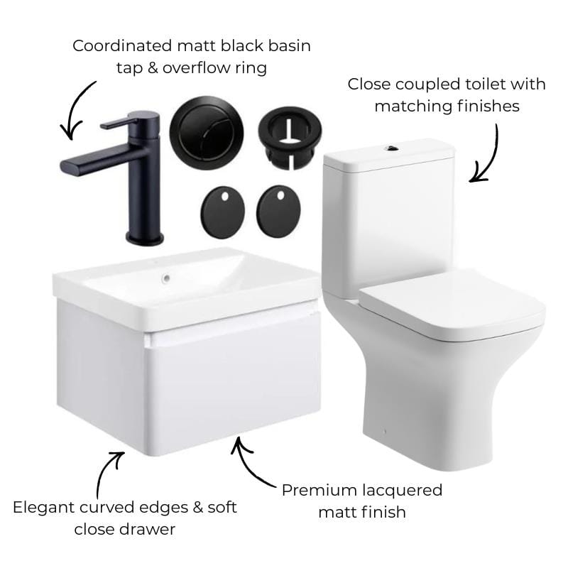 Aquarius Bathrooms Suites Aquarius Sophie 605mm Wall Hung Vanity Unit, Close Coupled Toilet, Tap and Fittings Bundle
