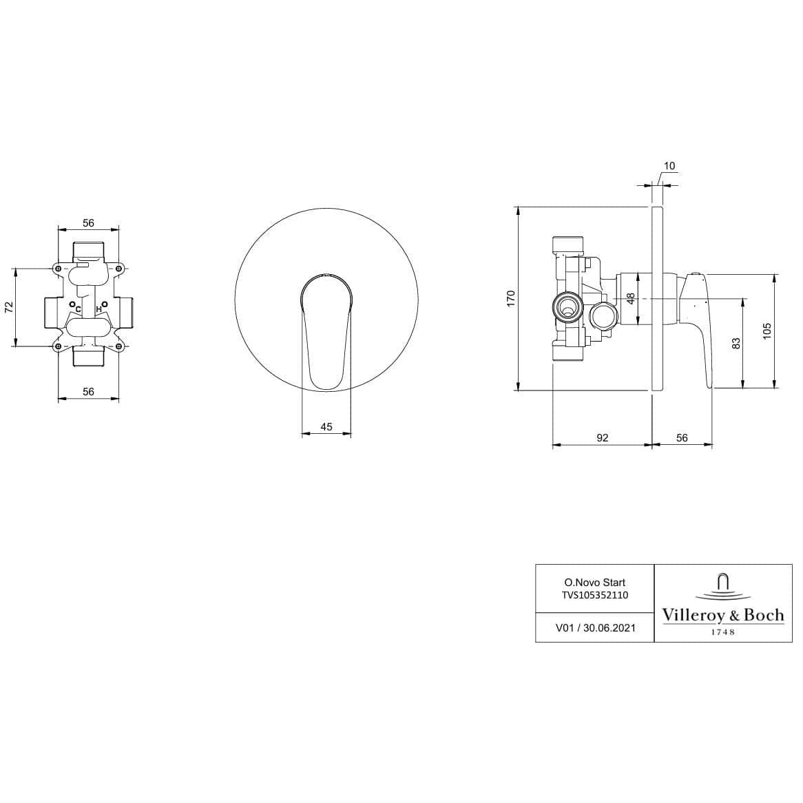 Villeroy & Boch Concealed Shower Valve Villeroy & Boch O.novo Start 1 Outlet Single Lever Trim-set in Chrome