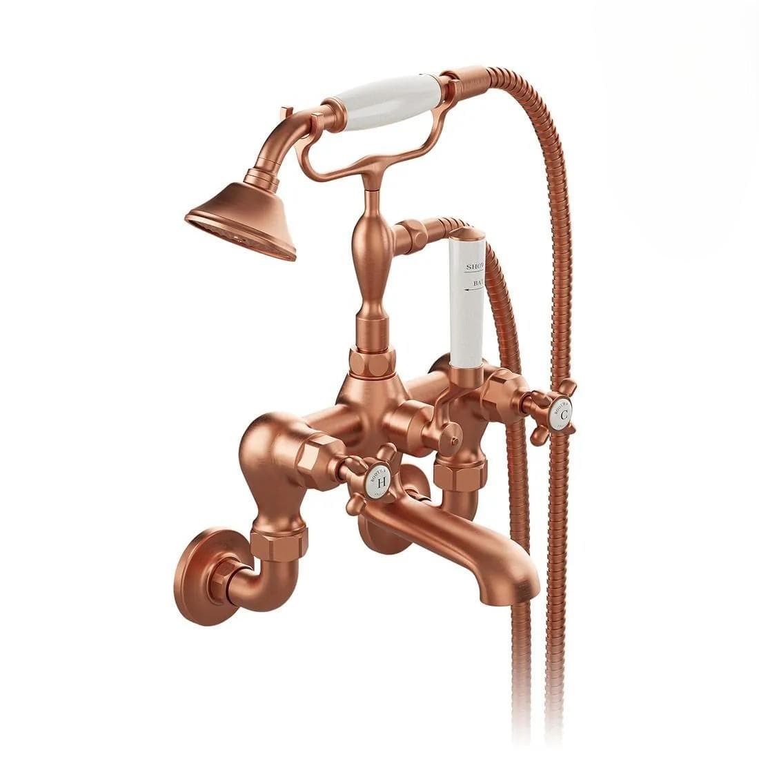 Vado Bath Shower Mixer Brushed Bronze/Crackled White Booth & Co. Axbridge Crosshead Wall Mounted Bath Shower Mixer with Traditional Shower Handset