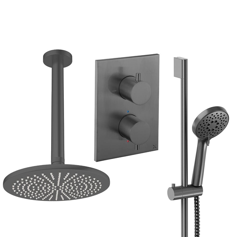 UK Bathroom Store Concealed Shower Set Slate / Ceiling Arm / 300mm Crosswater Crossbox Shower Set 4 - 2 Outlet with Riser Rail Kit and Fixed Overhead Showerhead