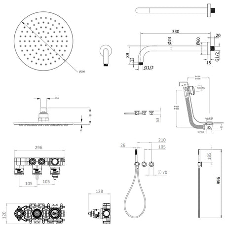 UK Bathroom Store Concealed Shower Set Crosswater Module Shower Set 9 - 3 Outlet with Pencil Handset, Overhead Shower and Overflow Filler