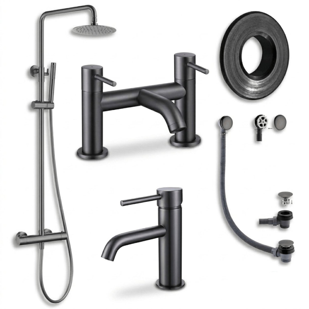 Aquarius Bathrooms Exposed Shower Set Gun Metal Grey Aquarius RF-Series Complete Shower Brassware Pack with Basin Mixer, Bath Mixer & Exposed Shower