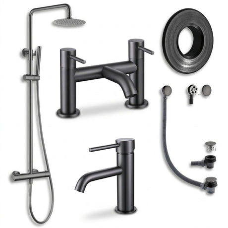 Aquarius Bathrooms Exposed Shower Set Gun Metal Grey Aquarius RF-Series Complete Shower Brassware Pack with Basin Mixer, Bath Mixer & Exposed Shower