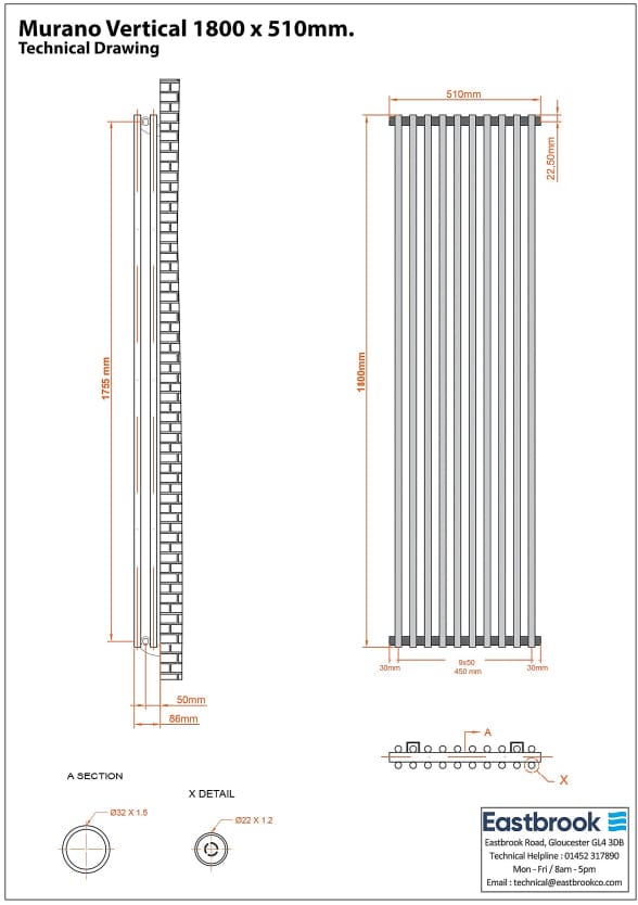 Eastbrook Column Radiator Eastbrook Murano Vertical Designer Radiator in Matt Grey
