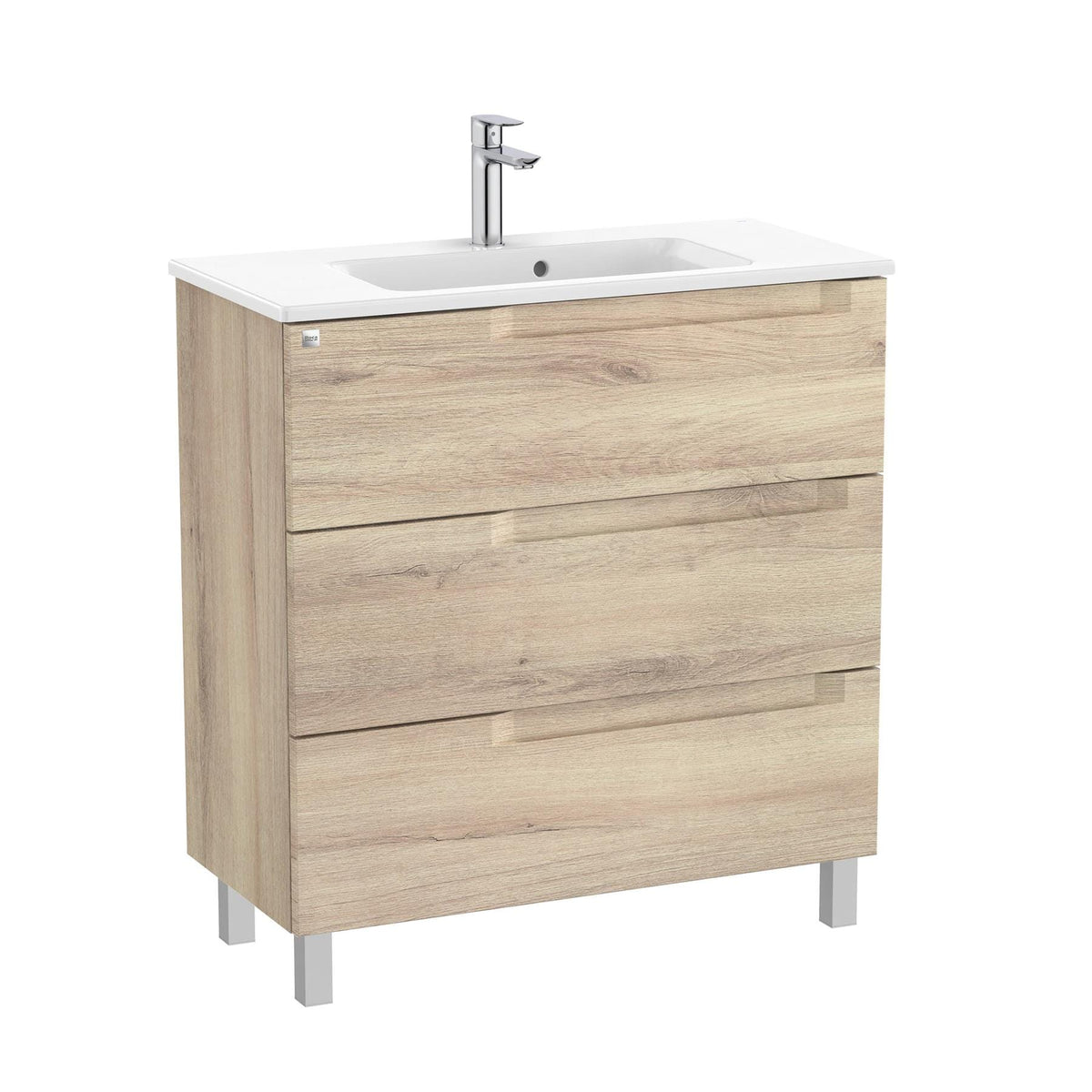 Roca Wall Mounted Vanity Unit Beige Wood Roca Aleyda Compact 800mm Floor Standing Three Drawer Vanity Unit with Basin