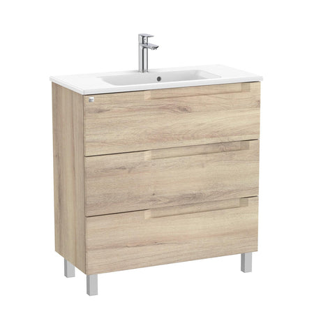 Roca Wall Mounted Vanity Unit Beige Wood Roca Aleyda Compact 800mm Floor Standing Three Drawer Vanity Unit with Basin