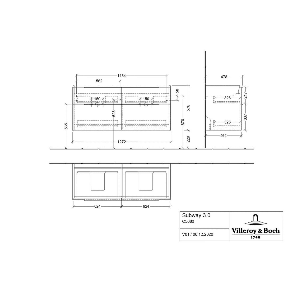Villeroy & Boch Wall Mounted Vanity Unit Villeroy & Boch Subway 3.0 Wall Hung 1200mm Four Drawer Double Vanity Unit with Basin