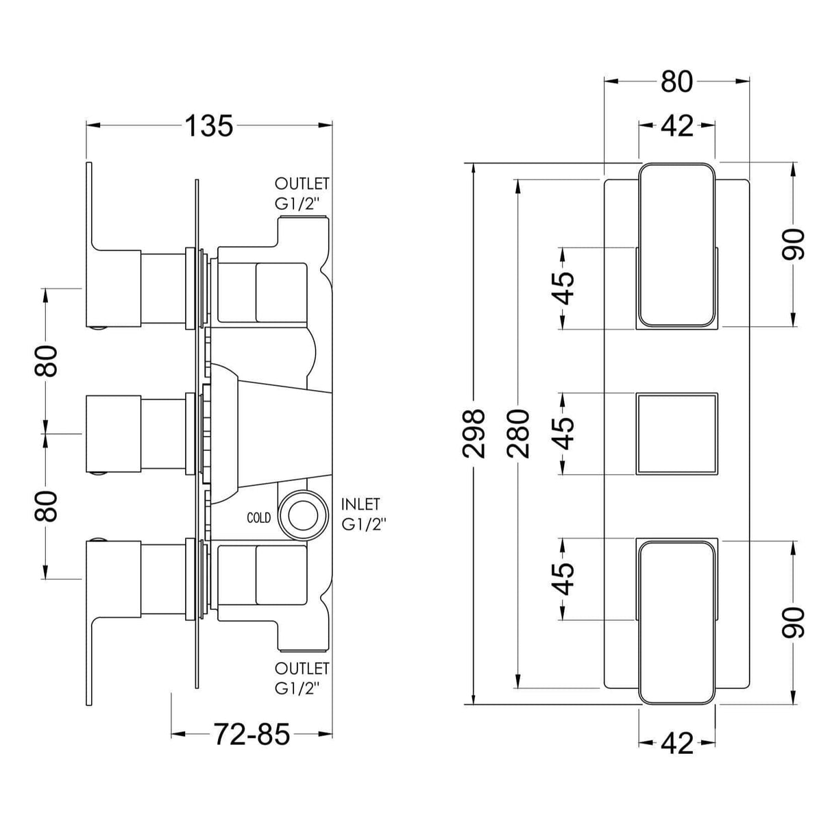 Aquarius Bathrooms Concealed Shower Valve Aquarius Tetra 2-Outlet Triple Handle Thermostatic Concealed Valve