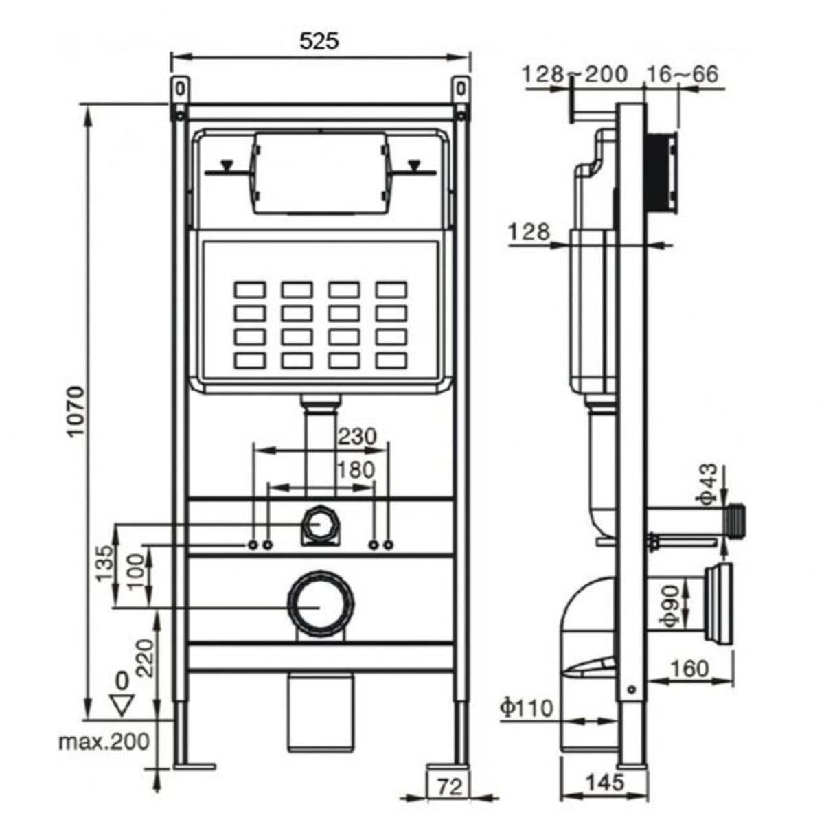 Imex Wall Hung WC Frame Imex Adjustable 1070-1270mm Wall Mounted Frame and Cistern with Stainless Steel Flush Plate