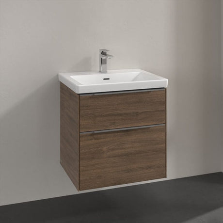 Villeroy & Boch Wall Mounted Vanity Unit Arizona Oak with Chrome Handles Villeroy & Boch Subway 3.0 Wall Hung 600mm Two Drawer Vanity Unit with Basin
