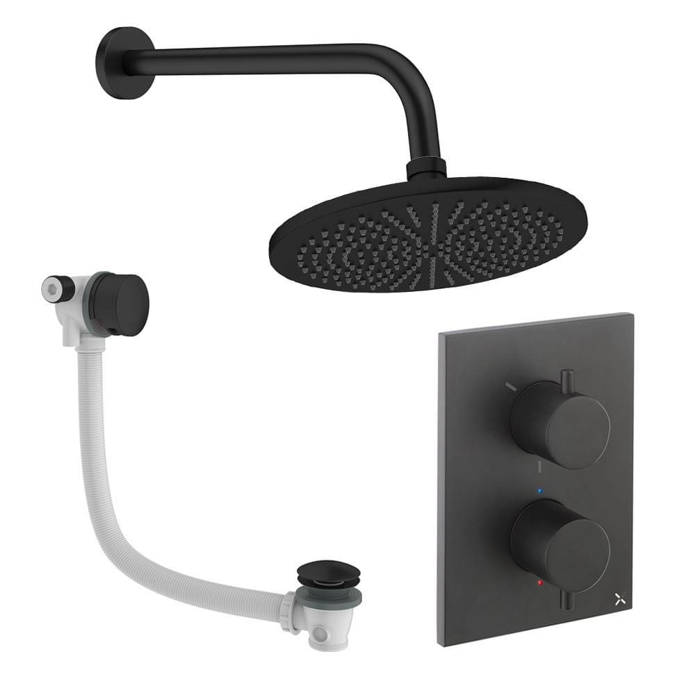 UK Bathroom Store Concealed Shower Set Matt Black / Wall Arm / 300mm Crosswater Crossbox Shower Set 7 - 2 Outlet with Fixed Overhead Shower and Overflow Bath Filler Waste