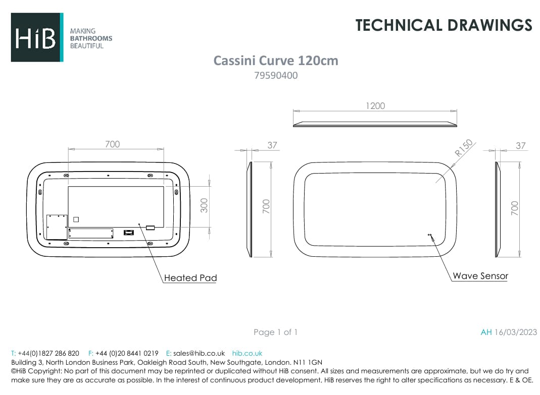HiB Illuminated Mirror 700 x 1200mm HiB Cassini Curve LED Illuminated Mirror