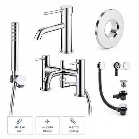 Aquarius RF-Series Complete Bath and Basin Brassware Pack with Basin Tap, Bath and Shower Mixer and Wastes