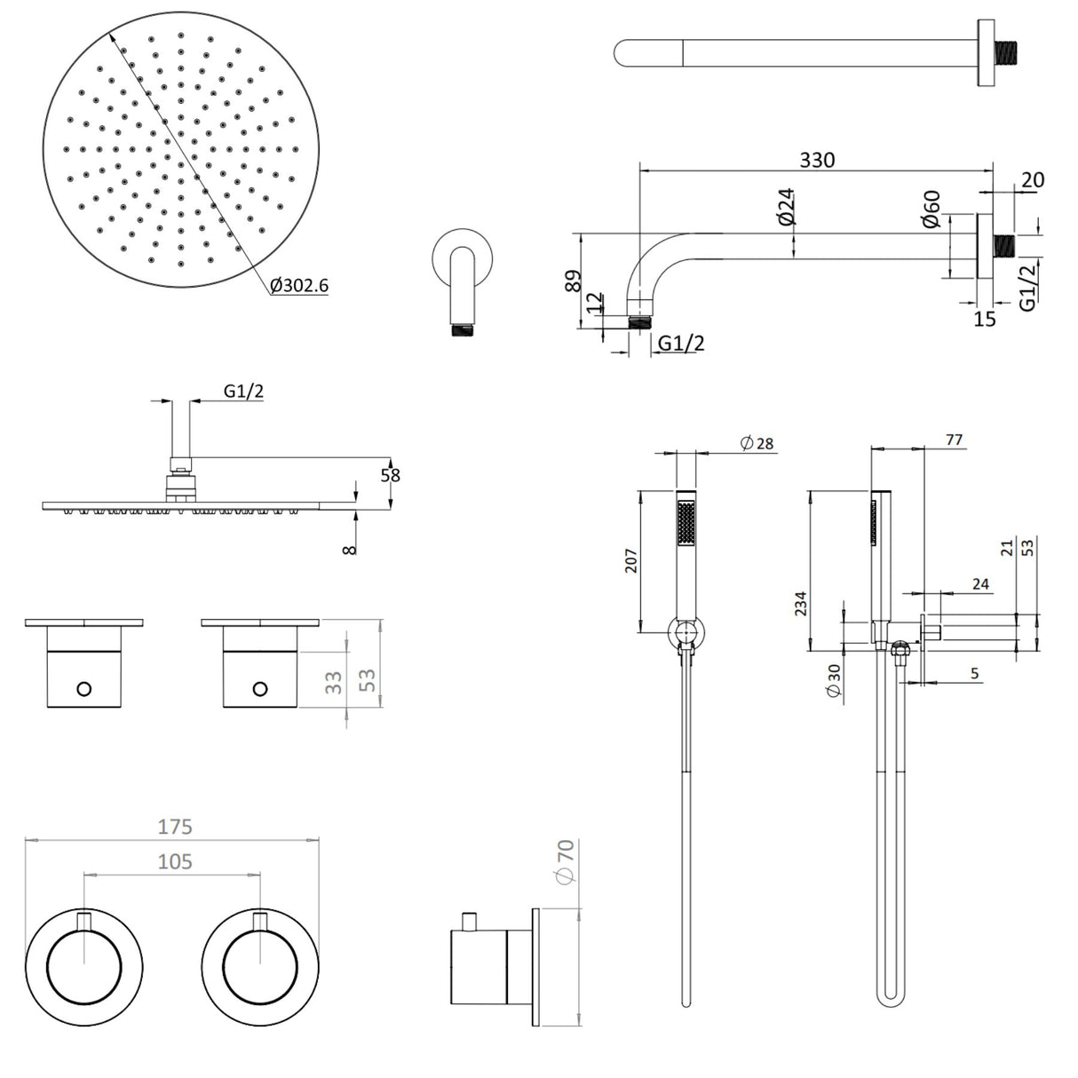 UK Bathroom Store Concealed Shower Set Crosswater Module Shower Set 1 with Fixed Head and Pencil Handset