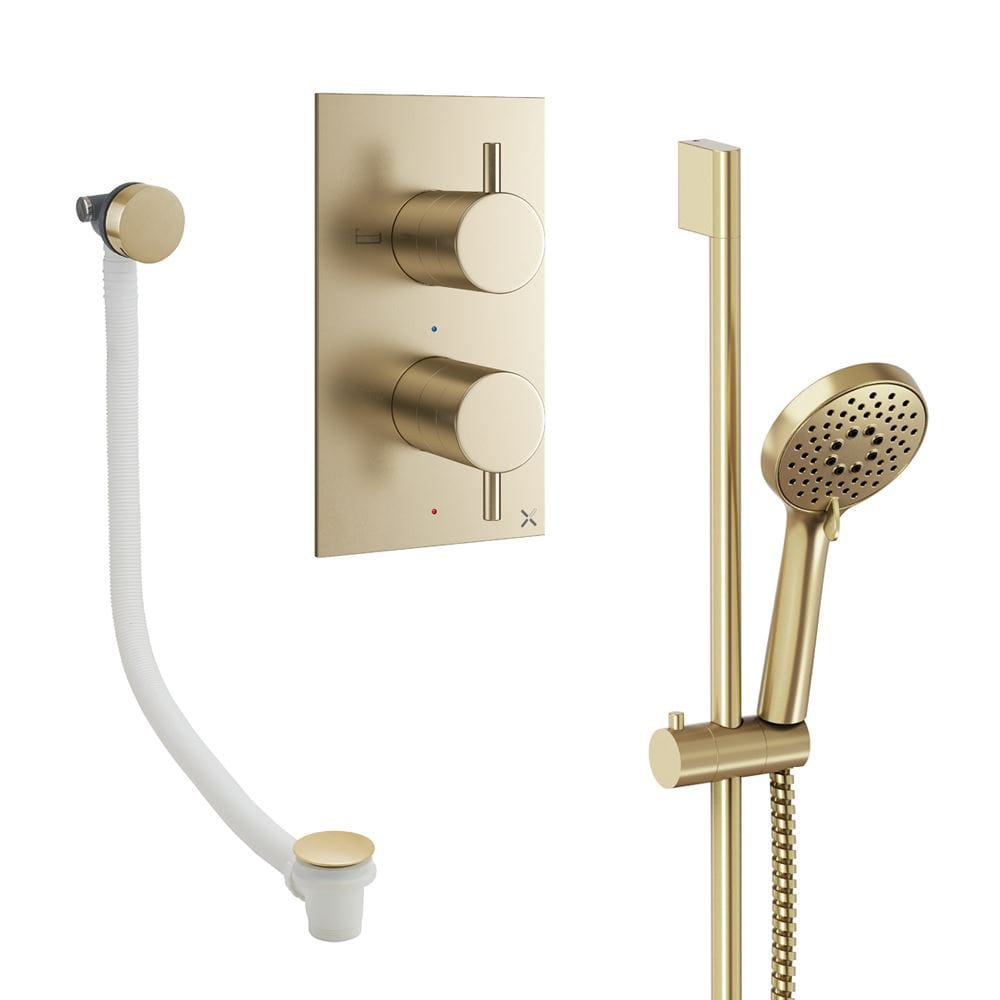 Crosswater Concealed Shower Set Brushed Brass Crosswater Design 2 Handle 2 Outlet Shower Set 6 with Slide Rail Kit and Overflow Bath Filler