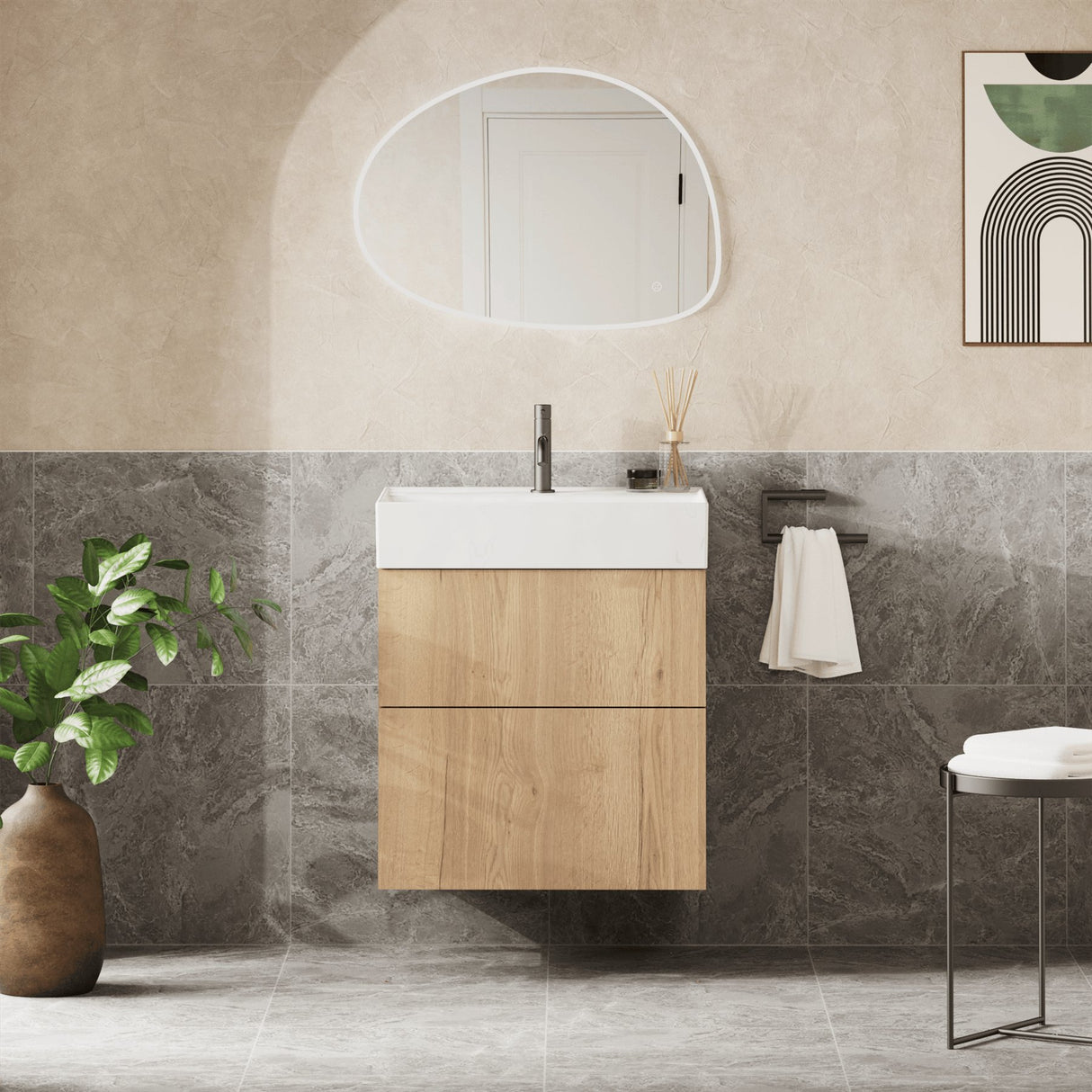 Crosswater Wall Mounted Vanity Unit Windsor Oak / 1 Hole Crosswater Avenue Vanity Unit with Basin - 600mm - Two Drawer - Wall Mounted