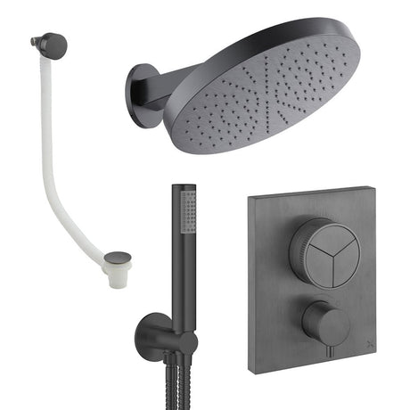 UK Bathroom Store Concealed Shower Set Slate Crosswater Crossbox Push Shower Set 9 - 3 Outlet with Revive Steel Overhead Shower, Pencil Handset and Oveflow Bath Filler Waste