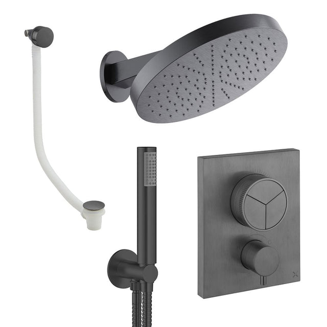 UK Bathroom Store Concealed Shower Set Slate Crosswater Crossbox Push Shower Set 9 - 3 Outlet with Revive Steel Overhead Shower, Pencil Handset and Oveflow Bath Filler Waste